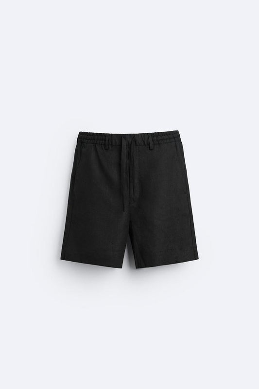 100% Linen Bermuda Shorts - Black